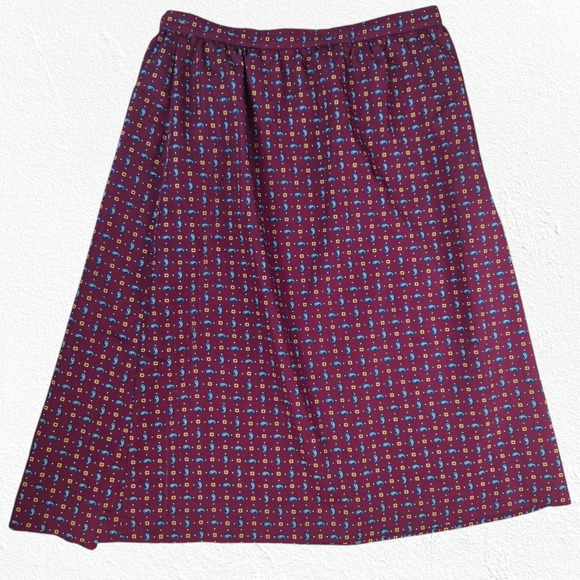 70s Vintage Burgundy Paisley Geometric Boho Retro Midi Full A-Line Skirt Size 12 - Picture 8 of 8
